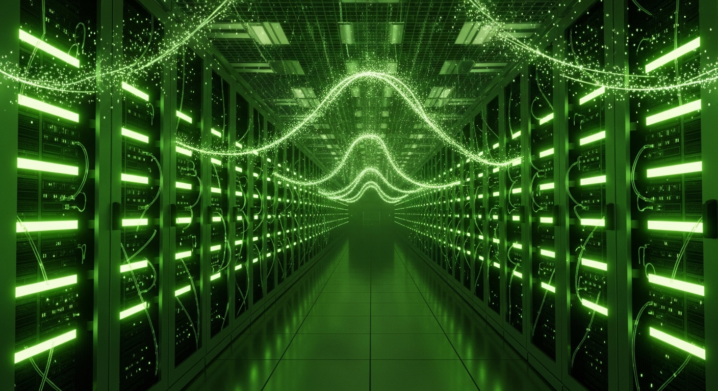 AI_IMAGE: Abstract dark server room interior with glowing chartreuse LED lights and data streams | photorealistic | landscape